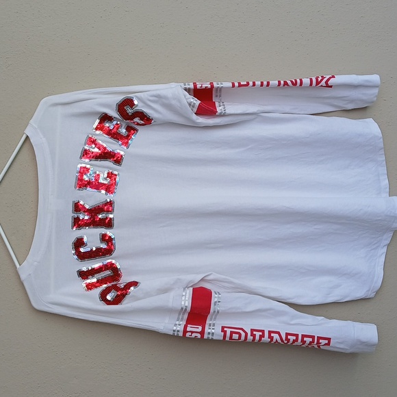 OSU Ohio State Buckeyes Sequin Spellout White V Neck Long Sleeve Tee Small - Picture 1 of 8